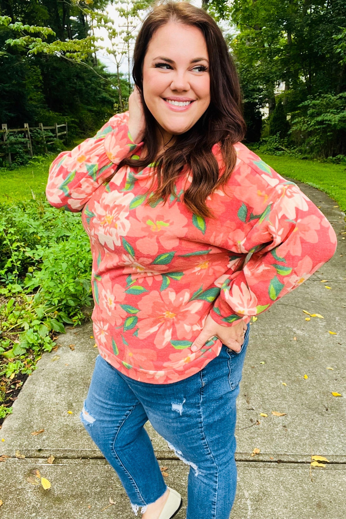 Feeling Femme Red Floral Brushed Hacci Sweater Top - Charming Charlie