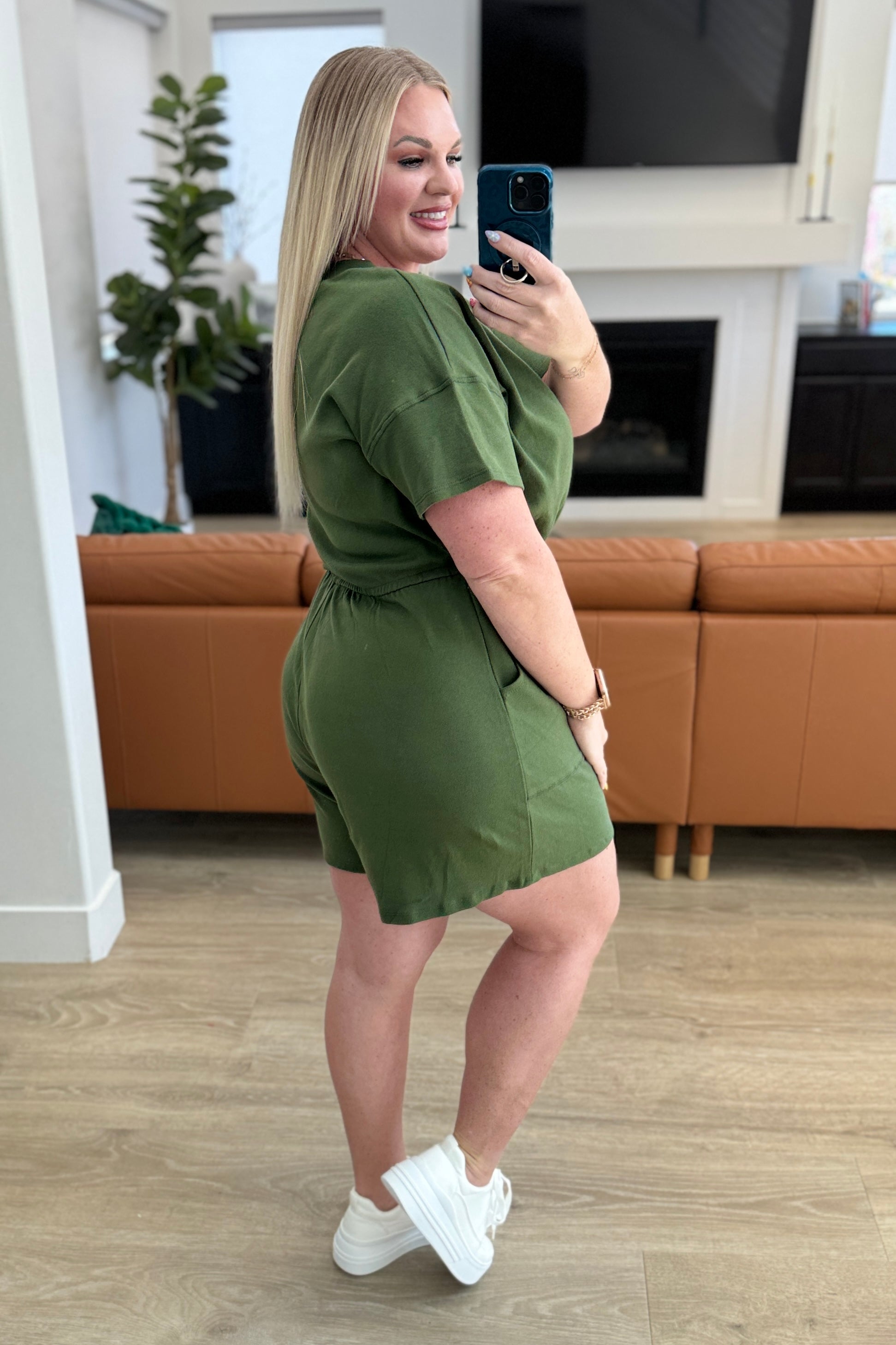 Short Sleeve V-Neck Romper in Army Green - Charming Charlie