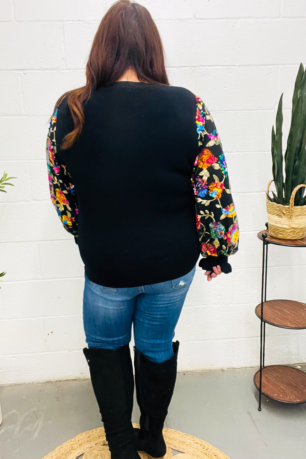 Diva Dreams Black Floral Sequin Mesh Sleeve Rib Knit Top - Charming Charlie