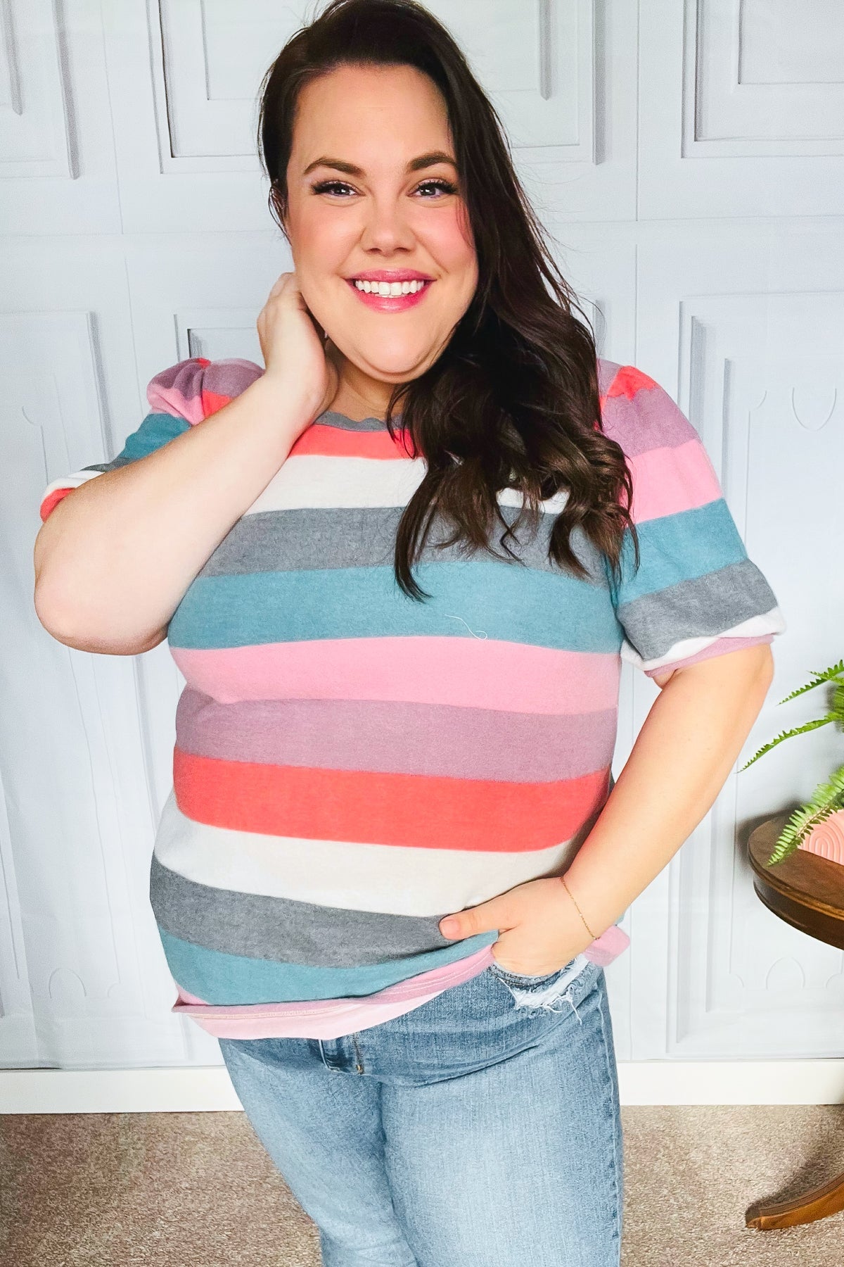 Look Out Teal & Rose Striped Hacci Knit Puff Sleeve Top - Charming Charlie