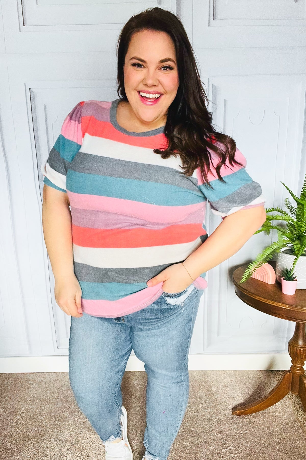 Look Out Teal & Rose Striped Hacci Knit Puff Sleeve Top - Charming Charlie