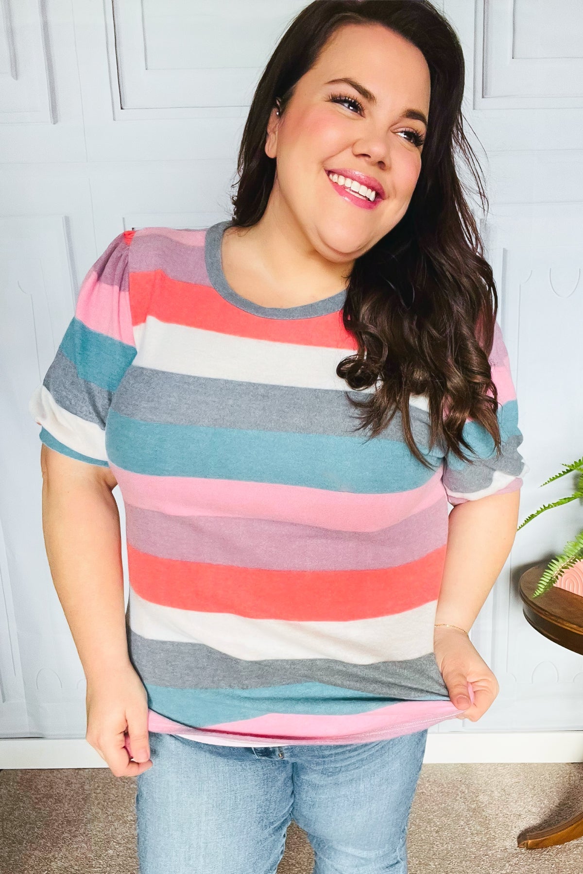 Look Out Teal & Rose Striped Hacci Knit Puff Sleeve Top - Charming Charlie