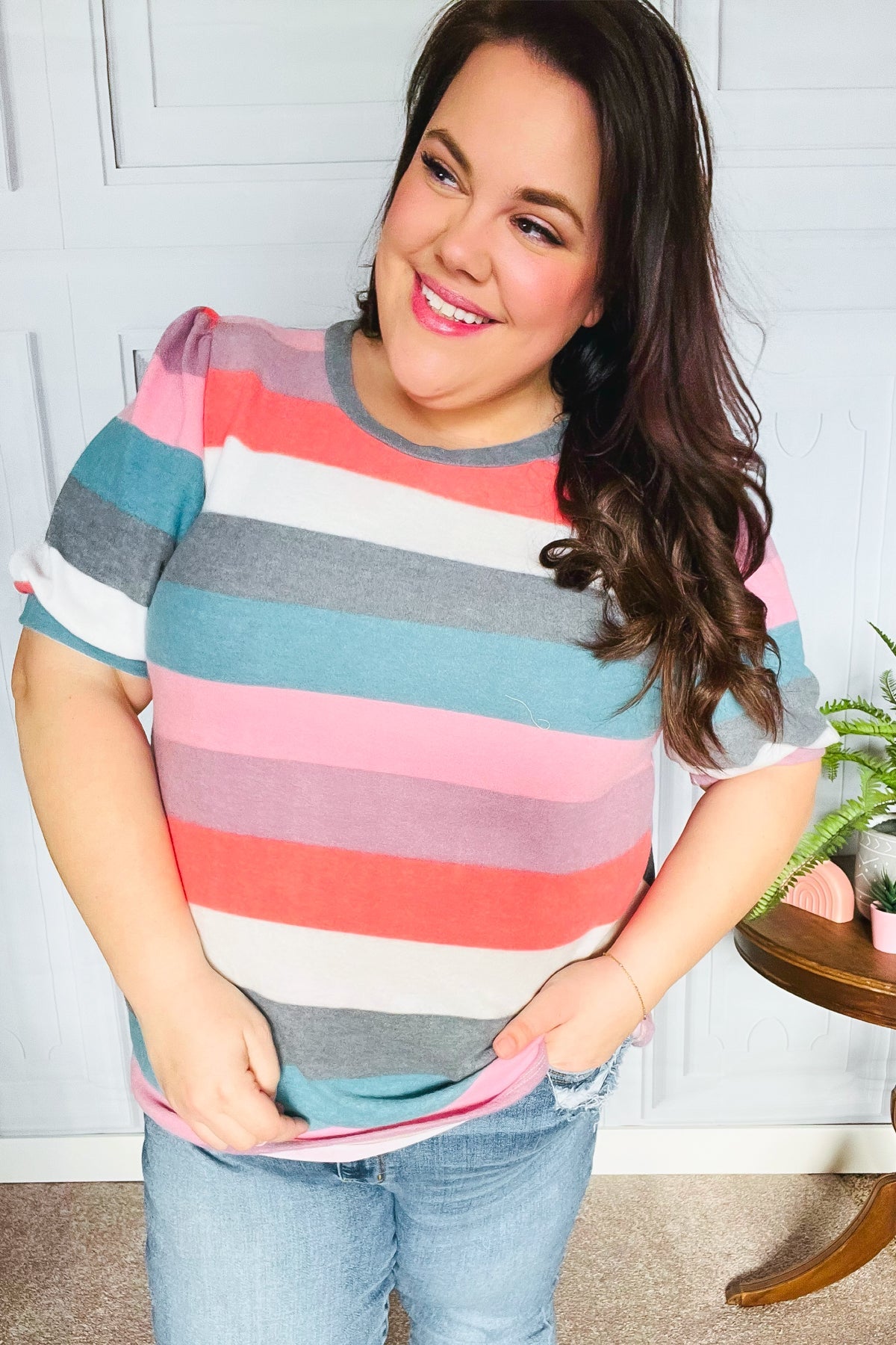 Look Out Teal & Rose Striped Hacci Knit Puff Sleeve Top - Charming Charlie