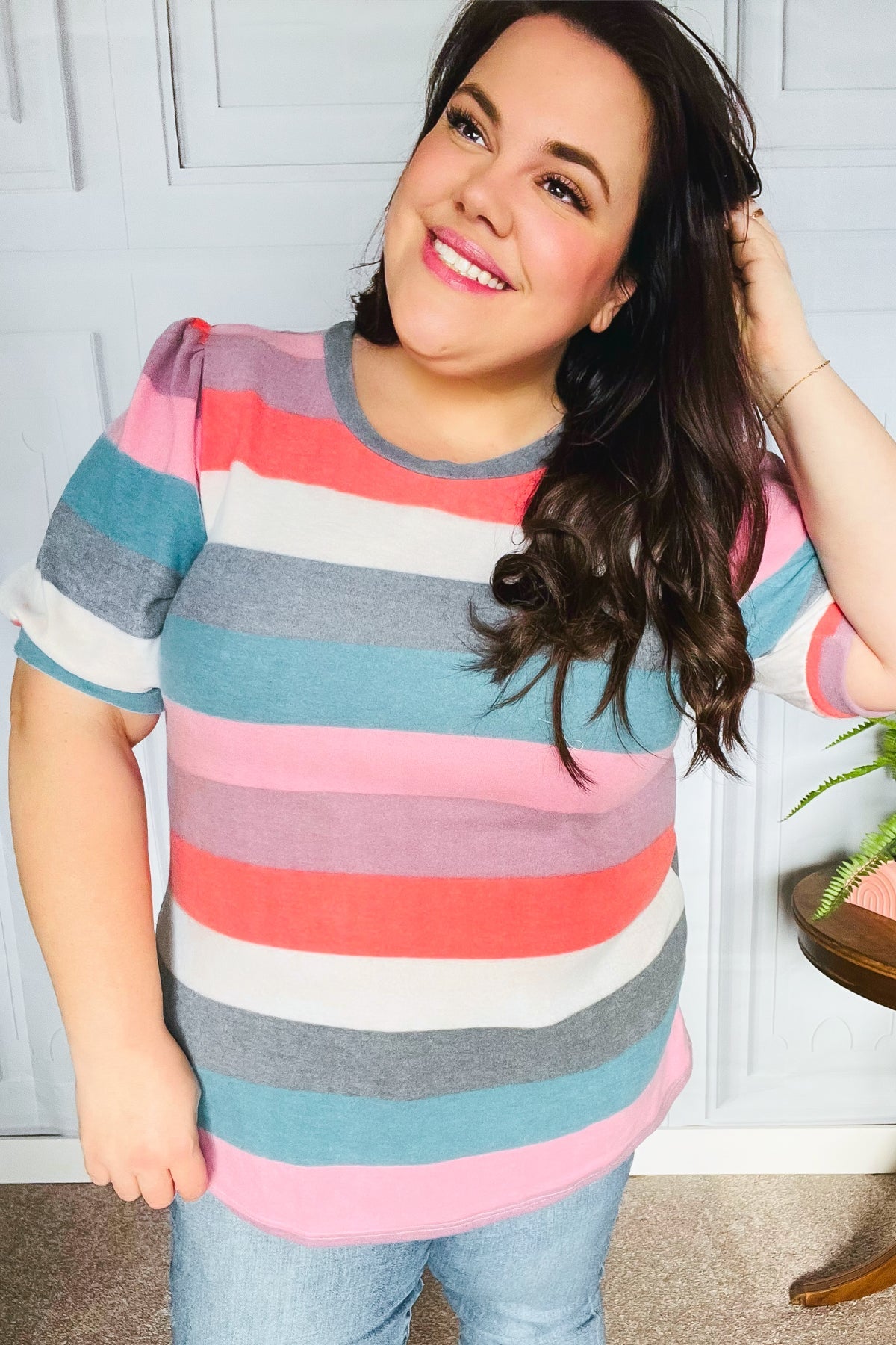 Look Out Teal & Rose Striped Hacci Knit Puff Sleeve Top - Charming Charlie