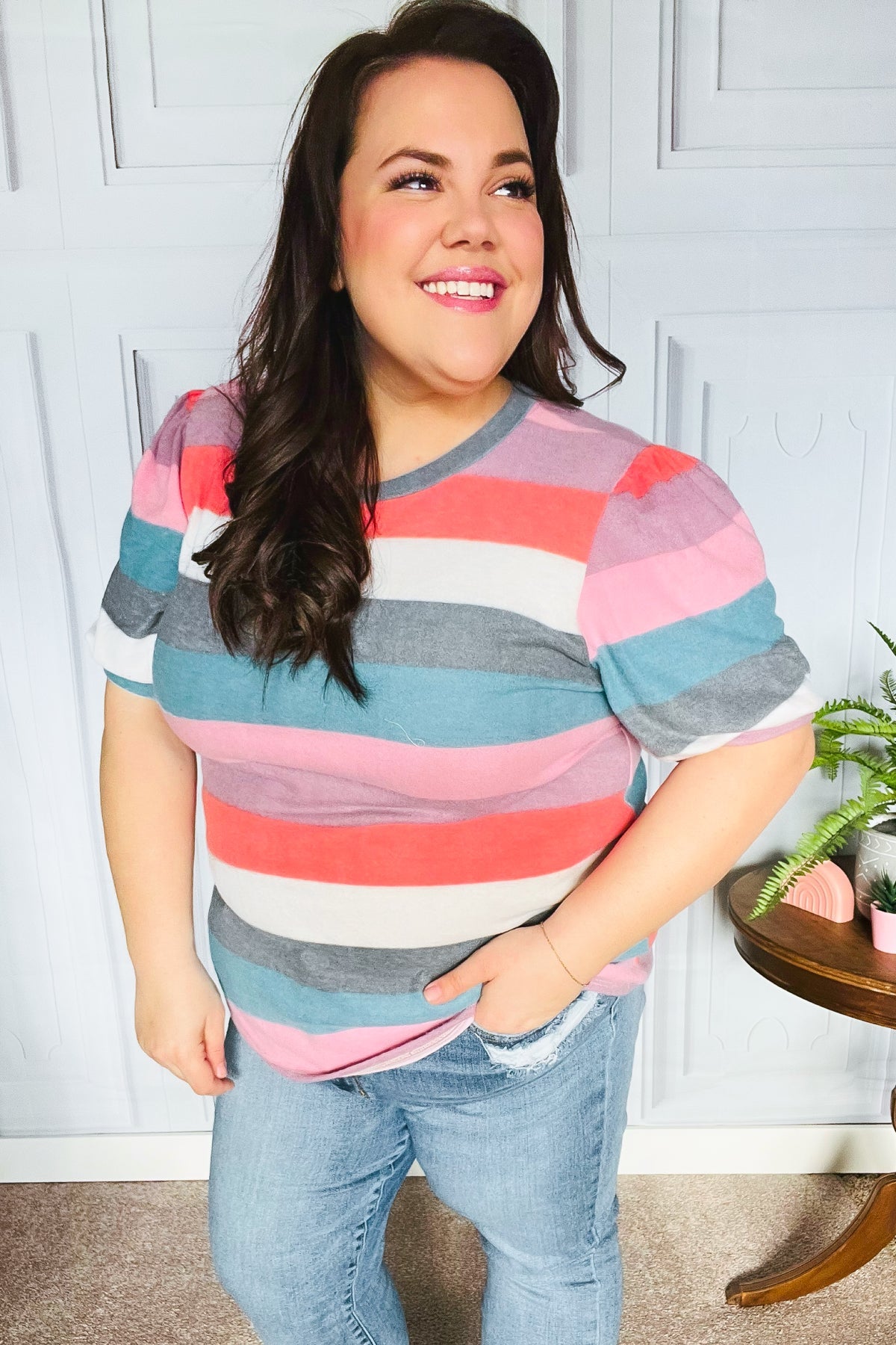 Look Out Teal & Rose Striped Hacci Knit Puff Sleeve Top - Charming Charlie