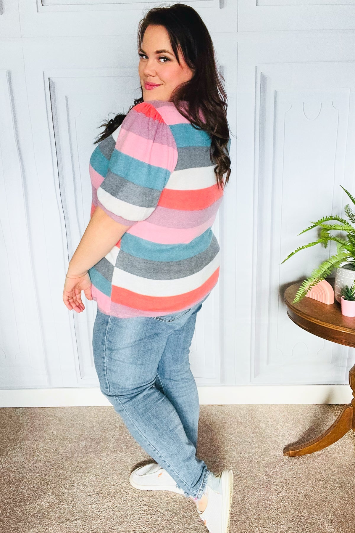 Look Out Teal & Rose Striped Hacci Knit Puff Sleeve Top - Charming Charlie