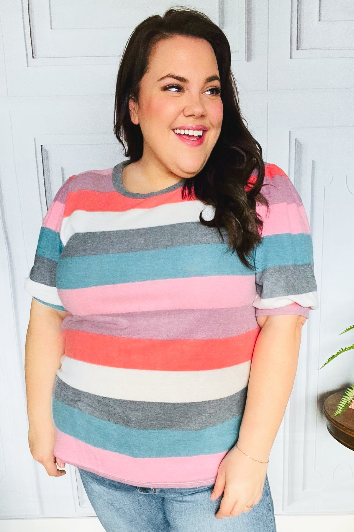 Look Out Teal & Rose Striped Hacci Knit Puff Sleeve Top - Charming Charlie