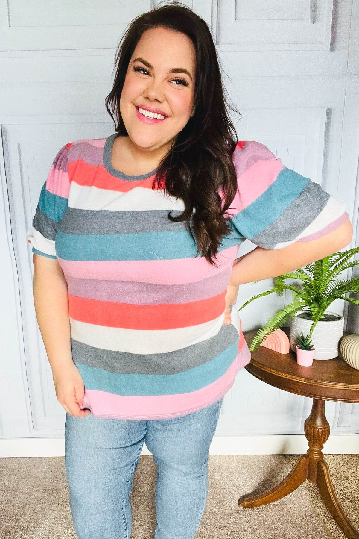 Look Out Teal & Rose Striped Hacci Knit Puff Sleeve Top - Charming Charlie