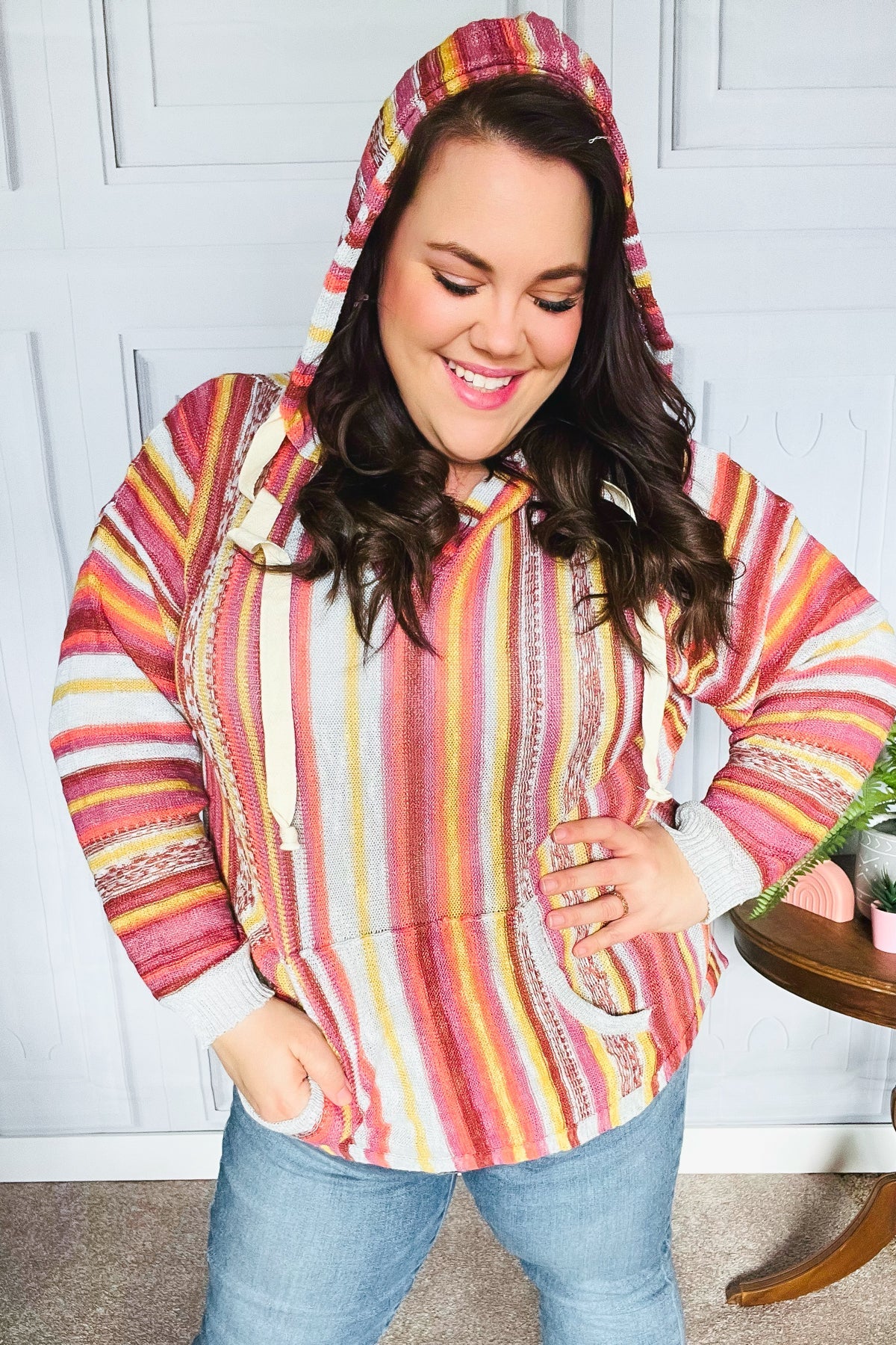 Be Bold Coral & Sienna Stripe Pullover Notched Neck Hoodie - Charming Charlie