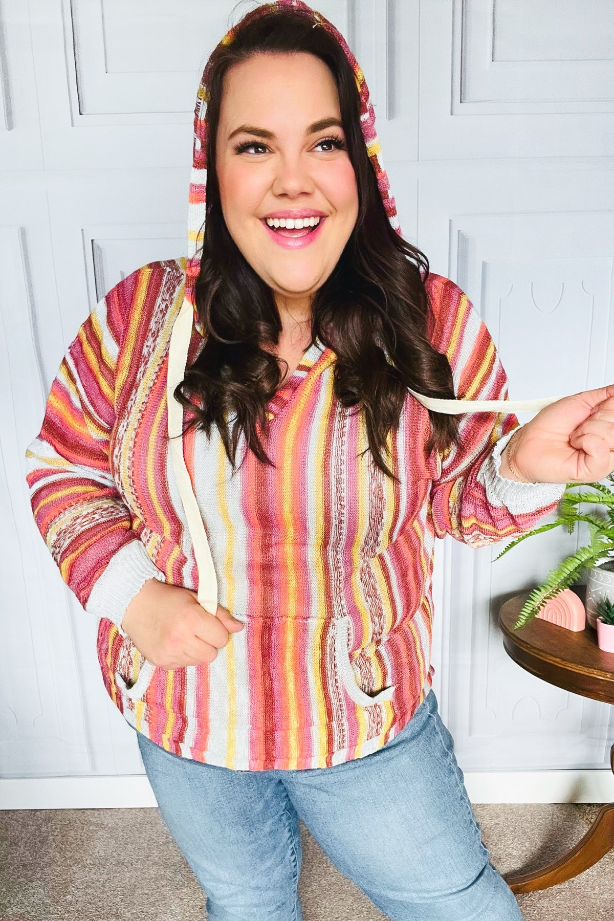 Be Bold Coral & Sienna Stripe Pullover Notched Neck Hoodie - Charming Charlie