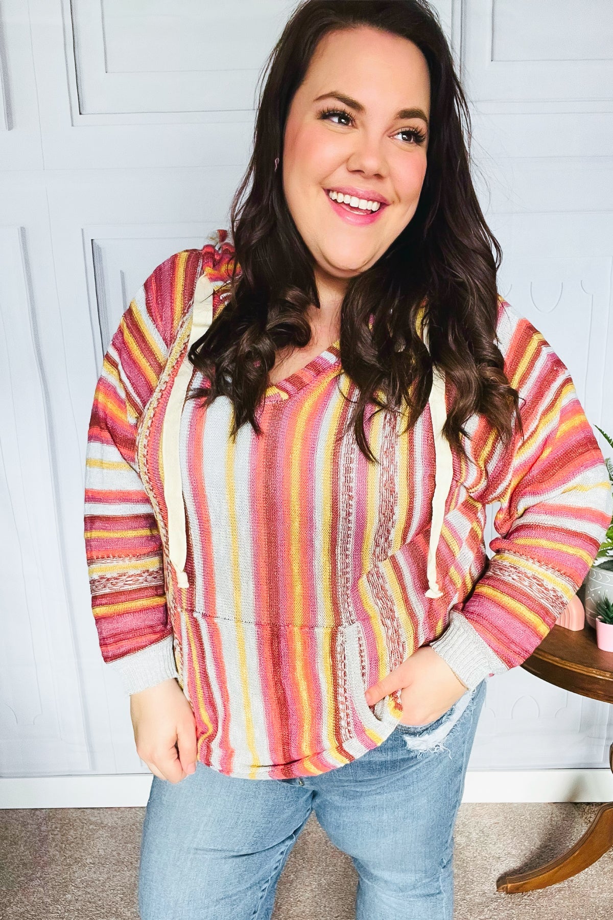 Be Bold Coral & Sienna Stripe Pullover Notched Neck Hoodie - Charming Charlie