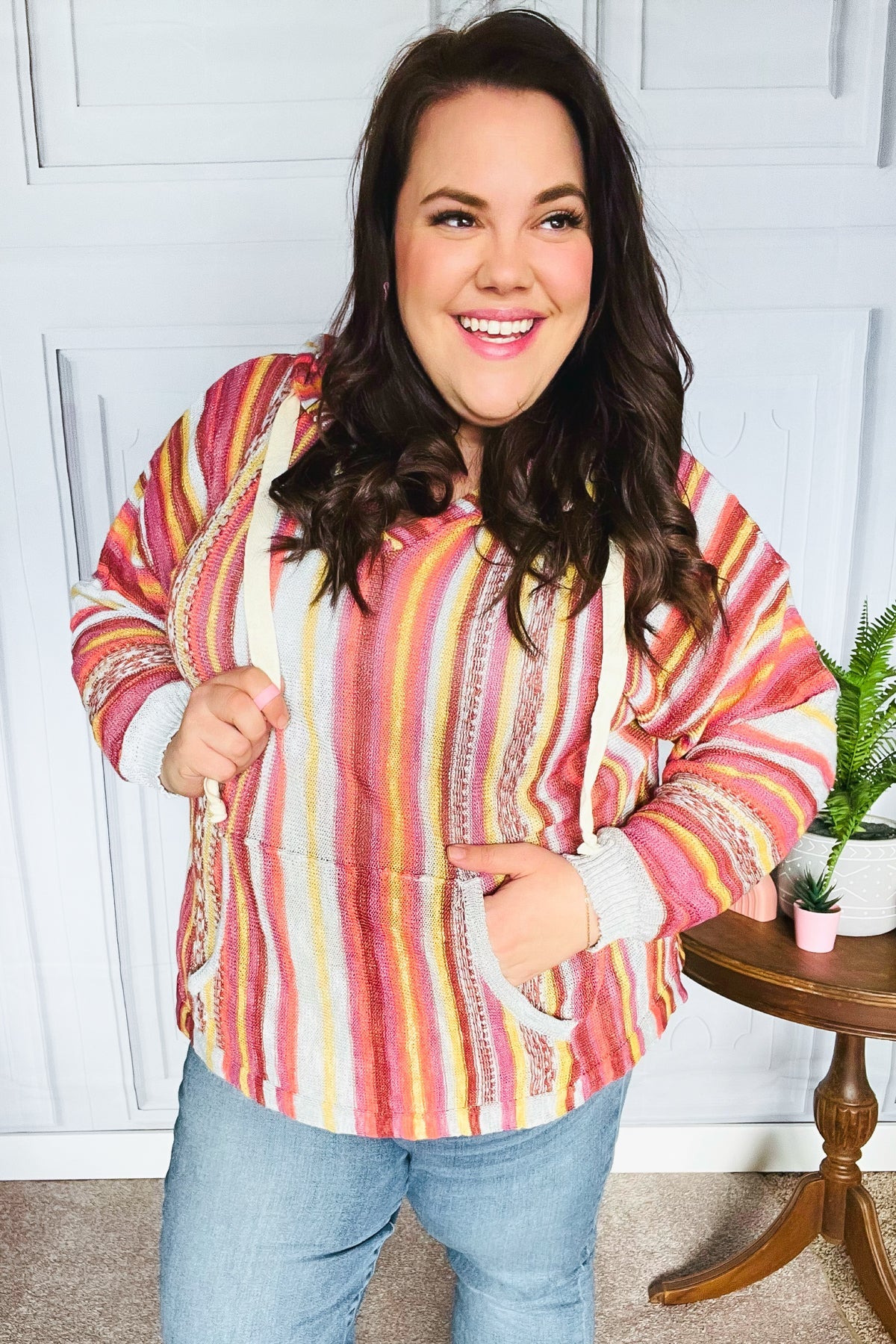 Be Bold Coral & Sienna Stripe Pullover Notched Neck Hoodie - Charming Charlie