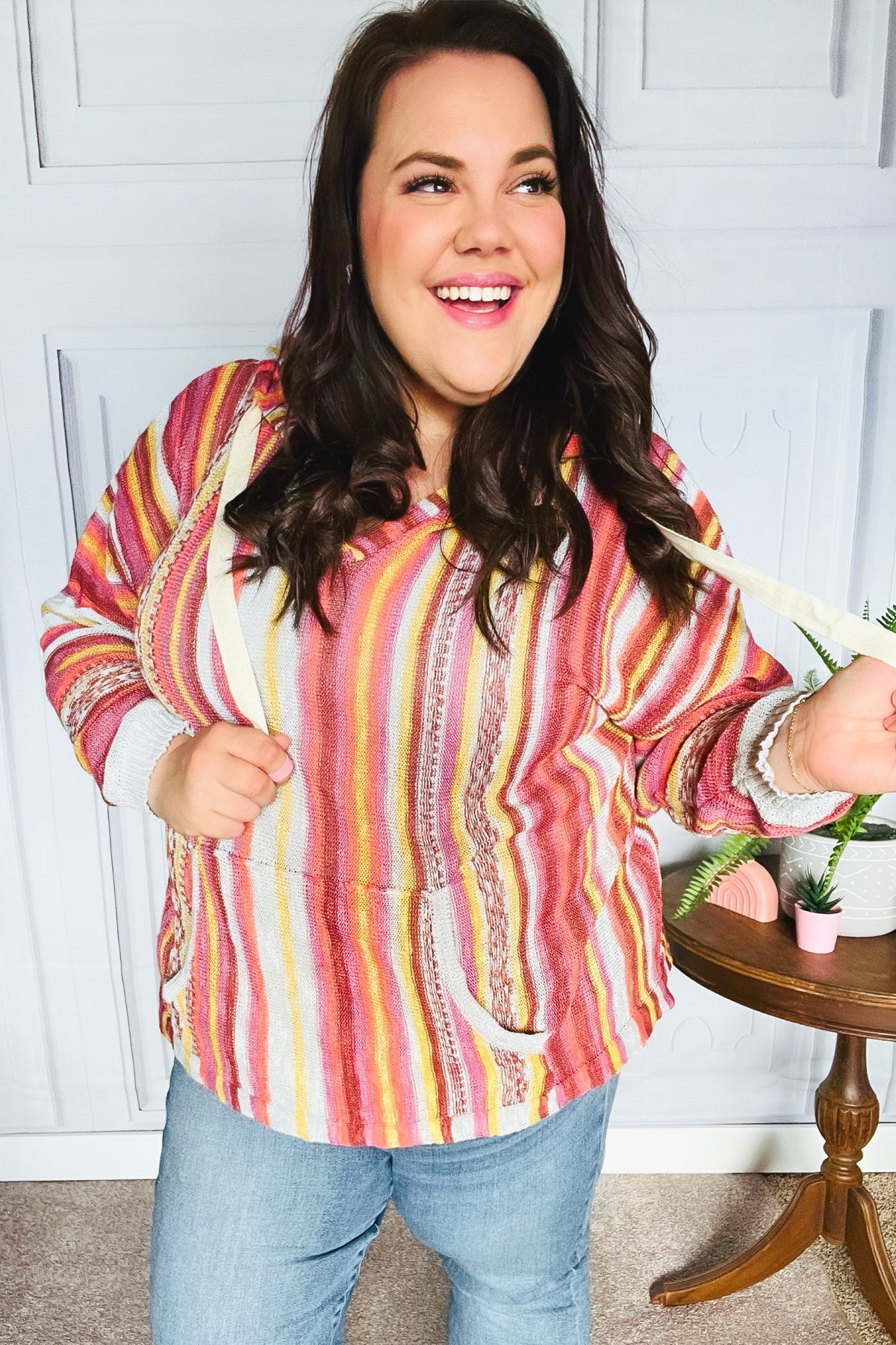 Be Bold Coral & Sienna Stripe Pullover Notched Neck Hoodie - Charming Charlie