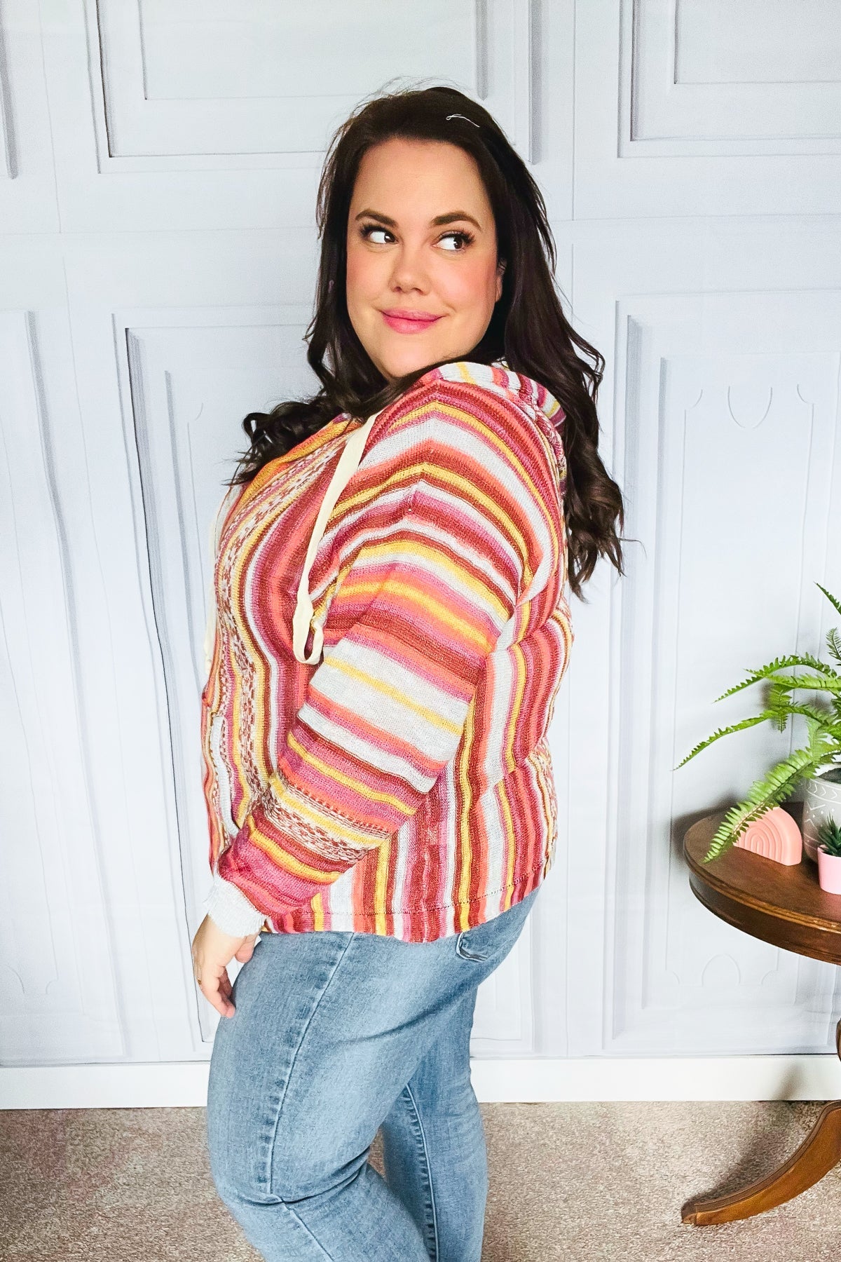 Be Bold Coral & Sienna Stripe Pullover Notched Neck Hoodie - Charming Charlie
