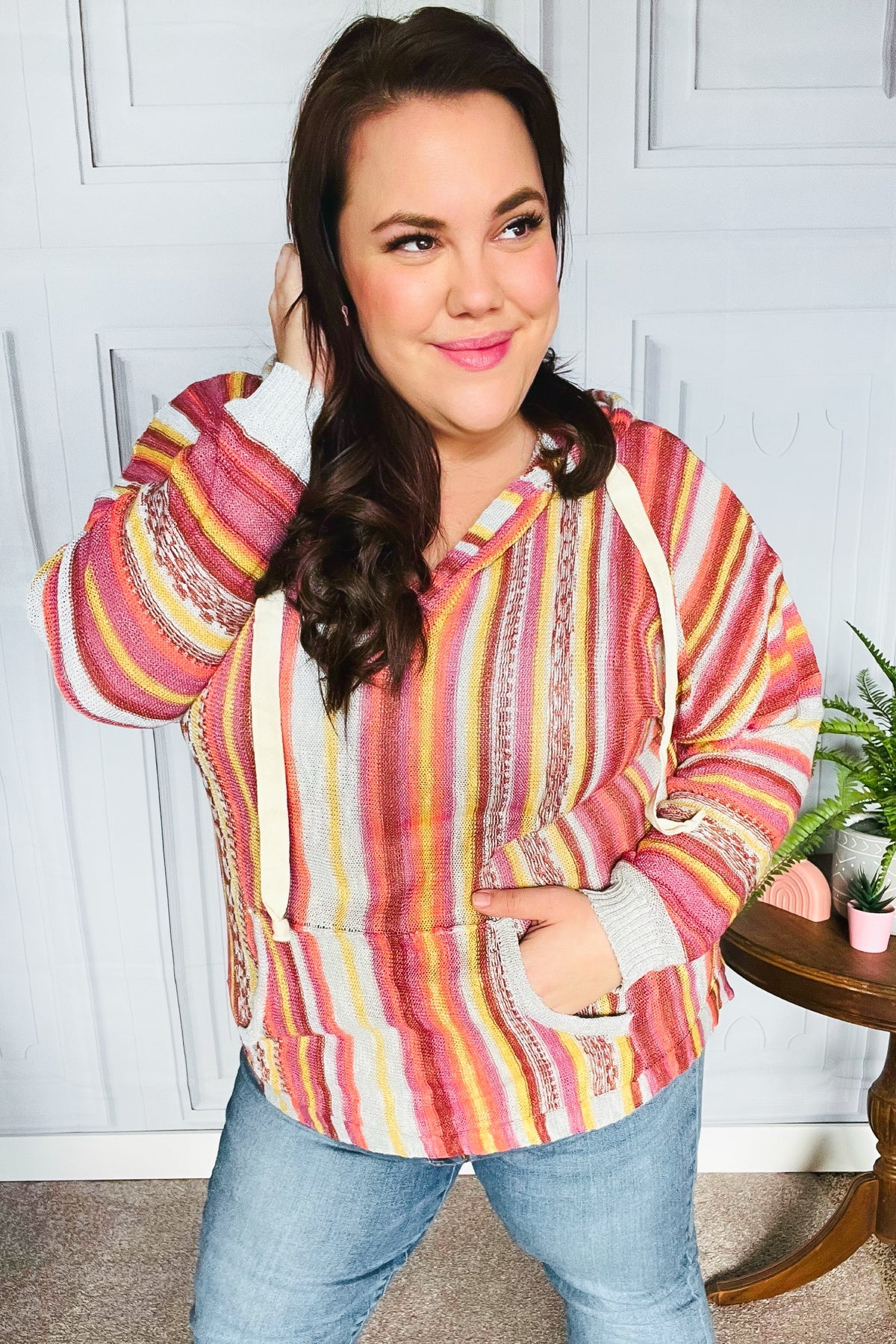 Be Bold Coral & Sienna Stripe Pullover Notched Neck Hoodie - Charming Charlie