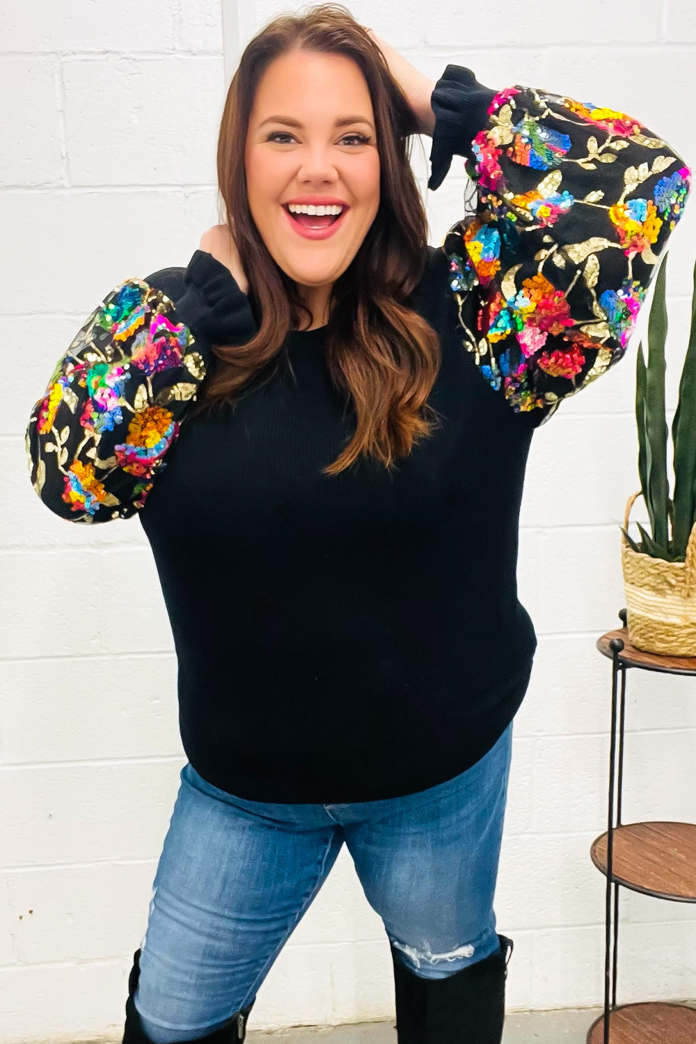 Diva Dreams Black Floral Sequin Mesh Sleeve Rib Knit Top - Charming Charlie