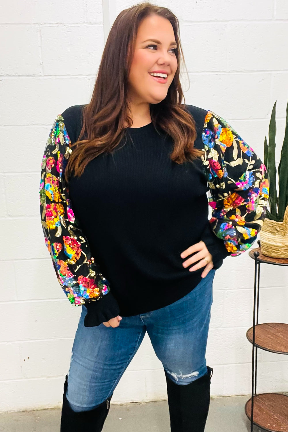 Diva Dreams Black Floral Sequin Mesh Sleeve Rib Knit Top - Charming Charlie