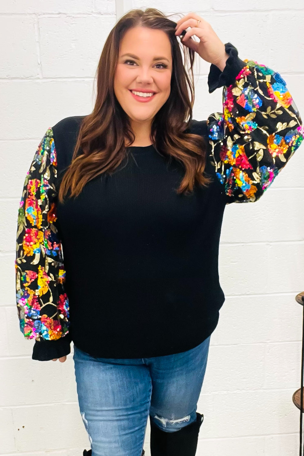 Diva Dreams Black Floral Sequin Mesh Sleeve Rib Knit Top - Charming Charlie