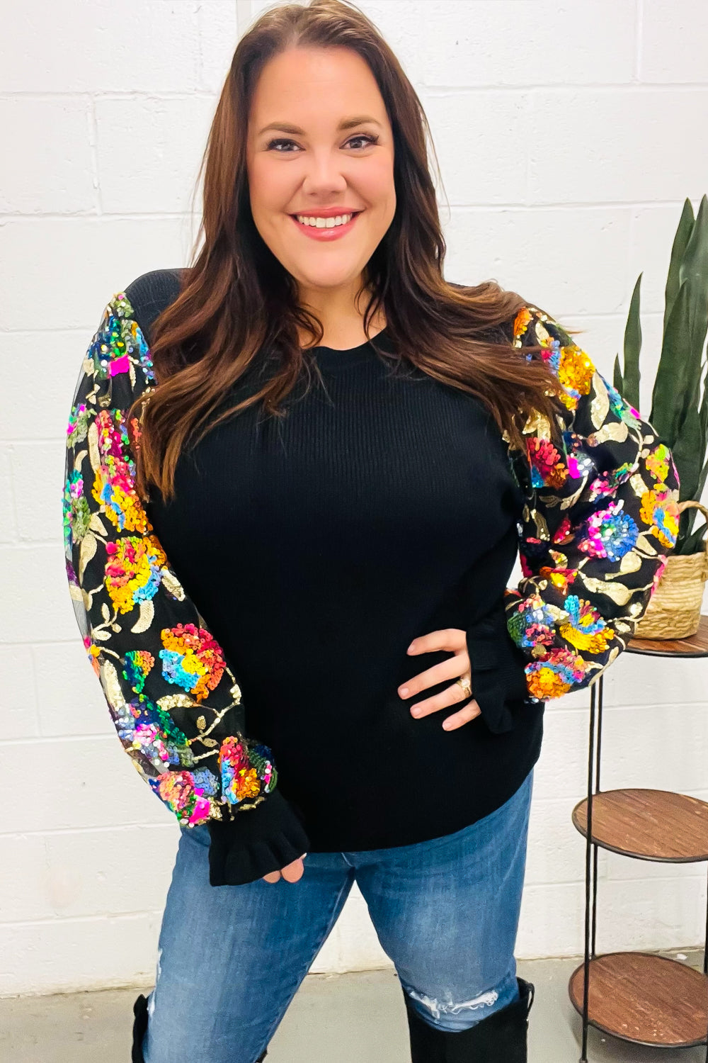 Diva Dreams Black Floral Sequin Mesh Sleeve Rib Knit Top - Charming Charlie