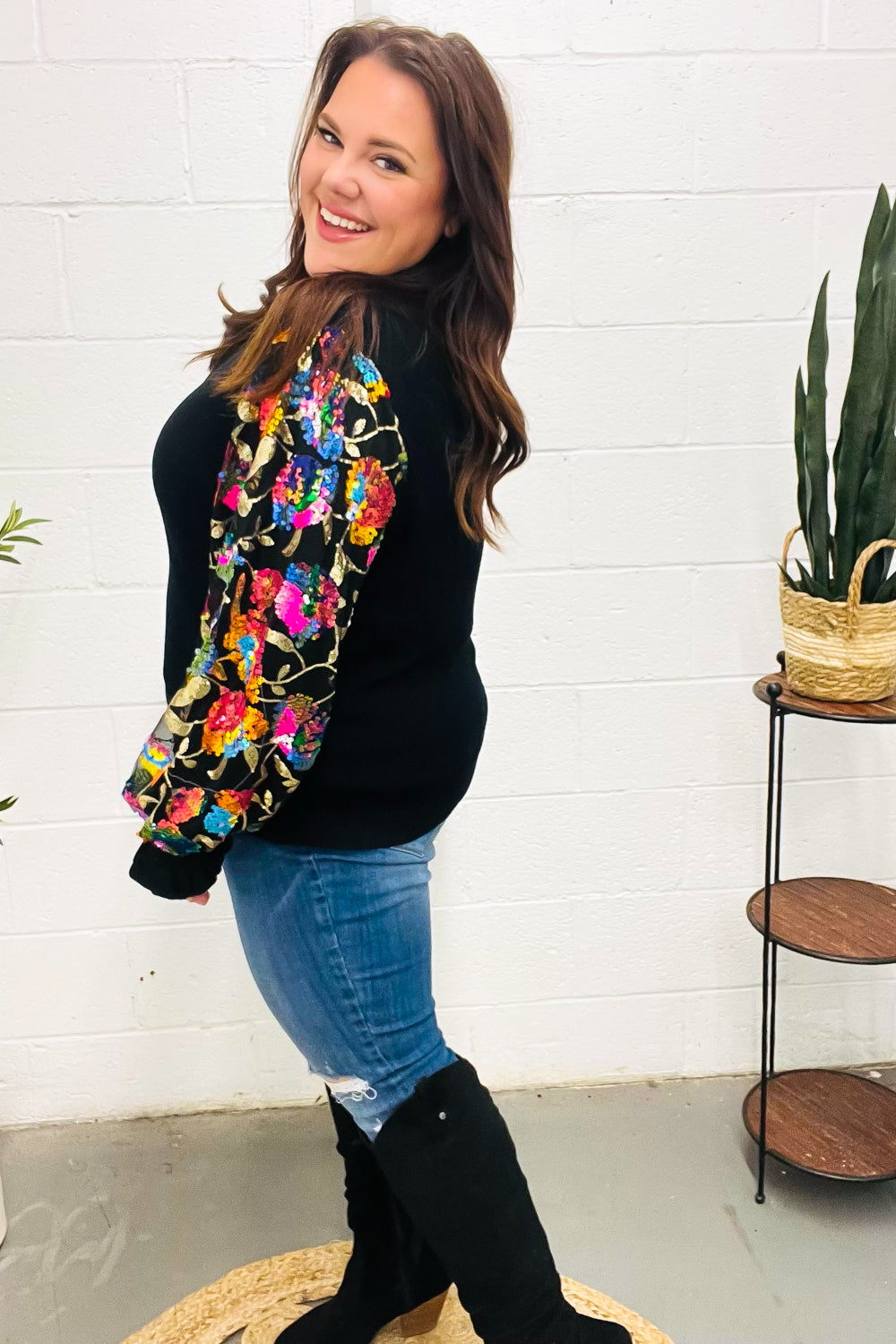 Diva Dreams Black Floral Sequin Mesh Sleeve Rib Knit Top - Charming Charlie