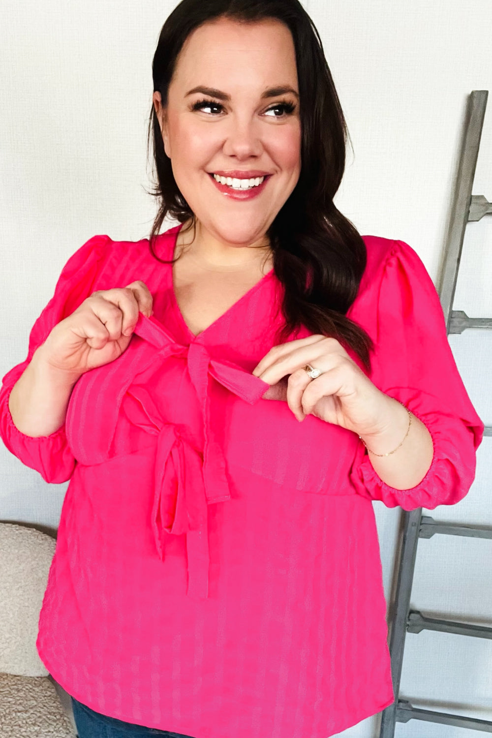 Stay With Me Pink V Neck Ribbon Bow Babydoll Woven Blouse - Charming Charlie