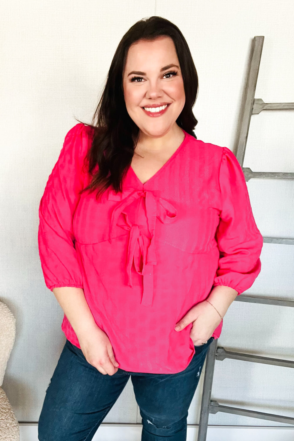 Stay With Me Pink V Neck Ribbon Bow Babydoll Woven Blouse - Charming Charlie