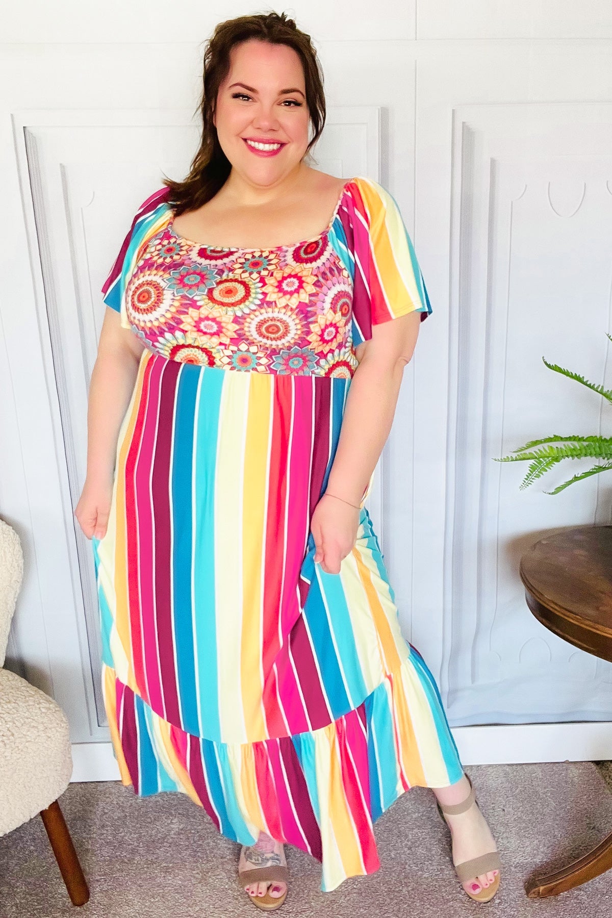 Feeling Bold Fuchsia & Teal Striped Medallion Crochet Print Dress - Charming Charlie