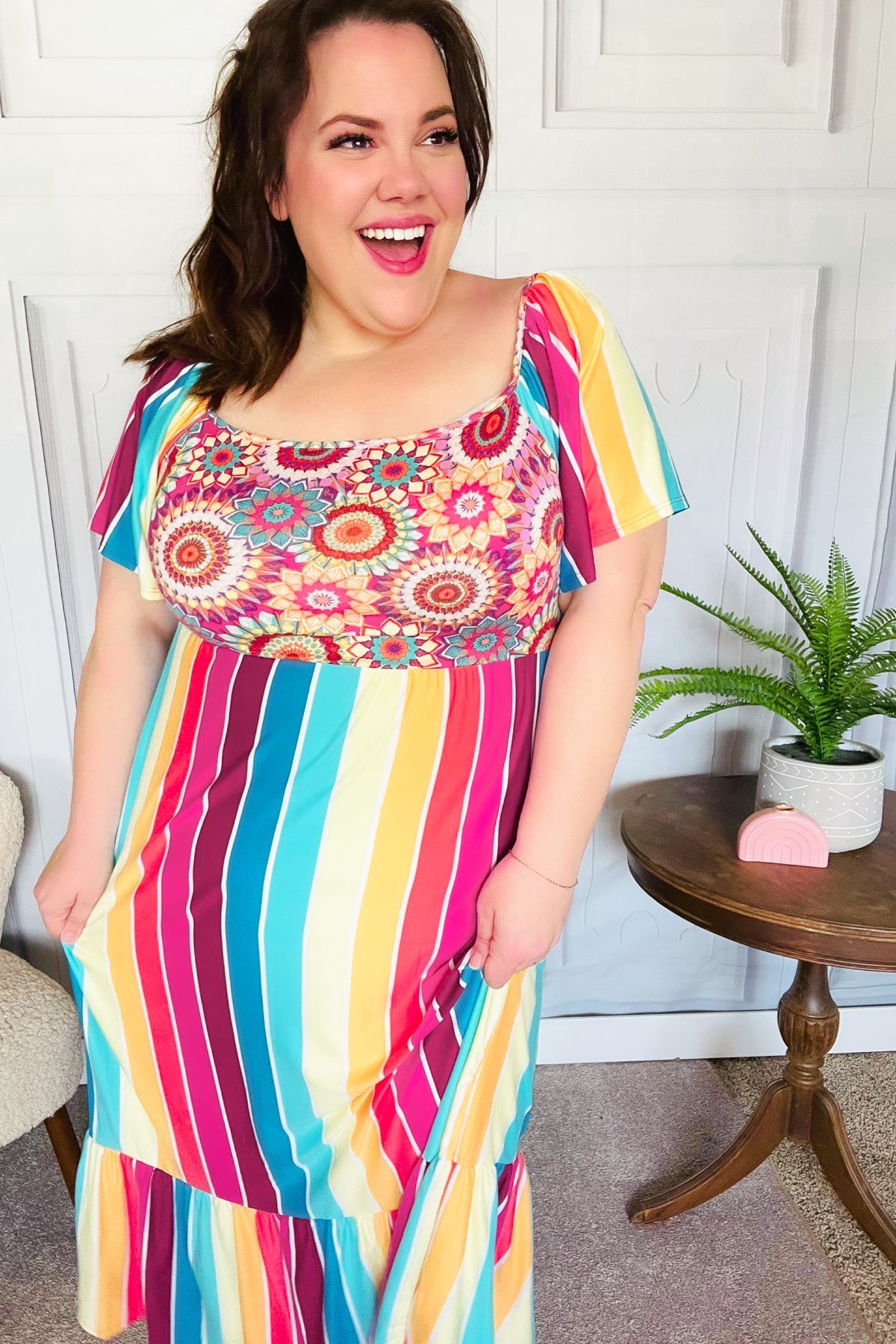 Feeling Bold Fuchsia & Teal Striped Medallion Crochet Print Dress - Charming Charlie