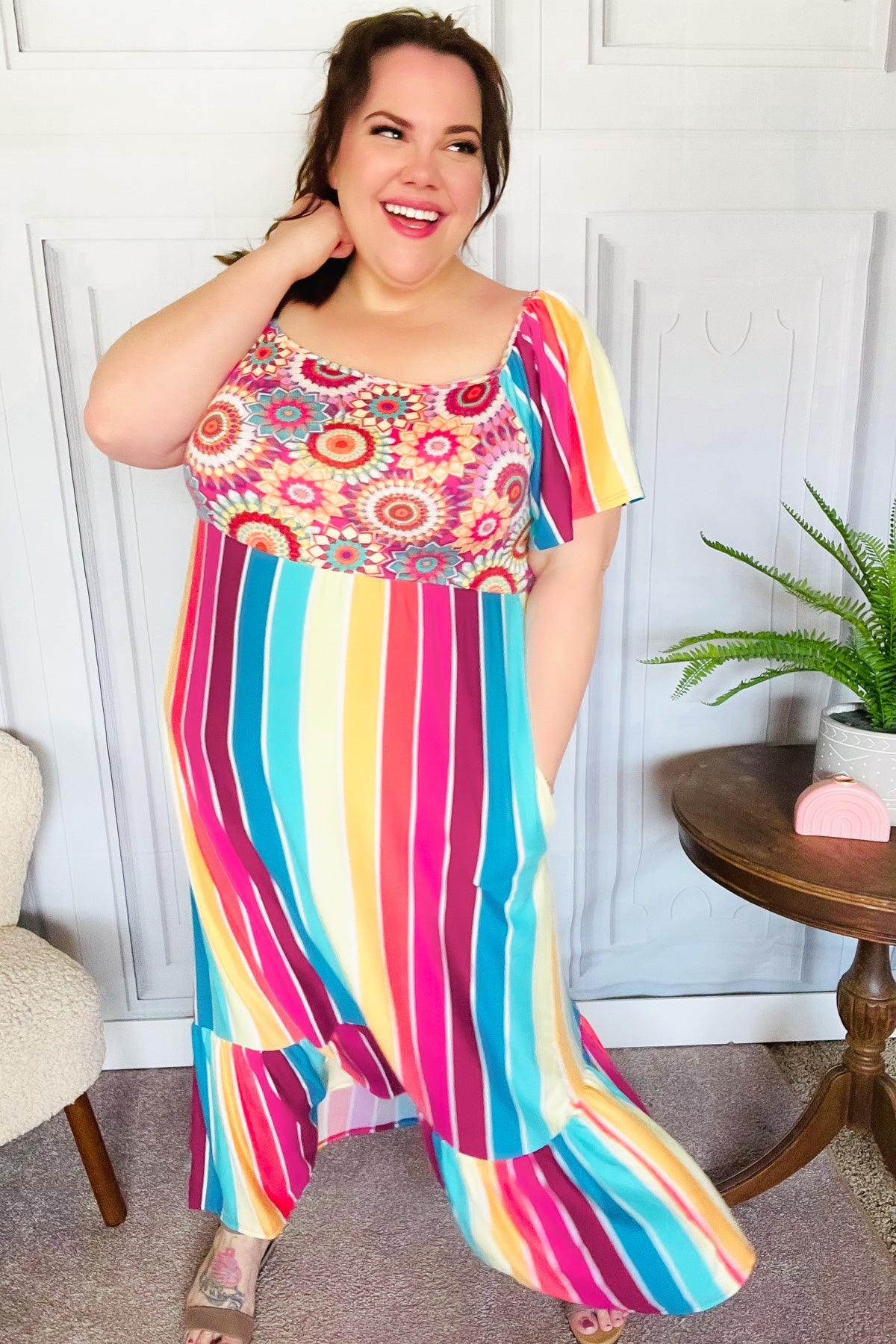 Feeling Bold Fuchsia & Teal Striped Medallion Crochet Print Dress - Charming Charlie