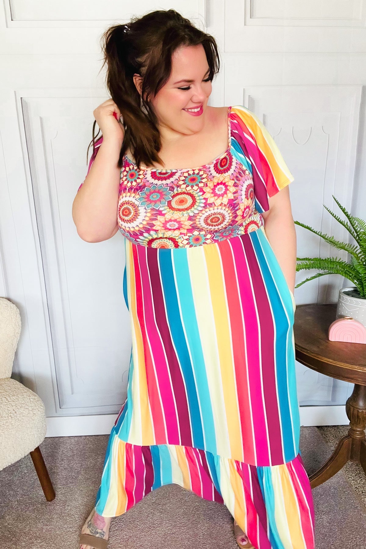 Feeling Bold Fuchsia & Teal Striped Medallion Crochet Print Dress - Charming Charlie