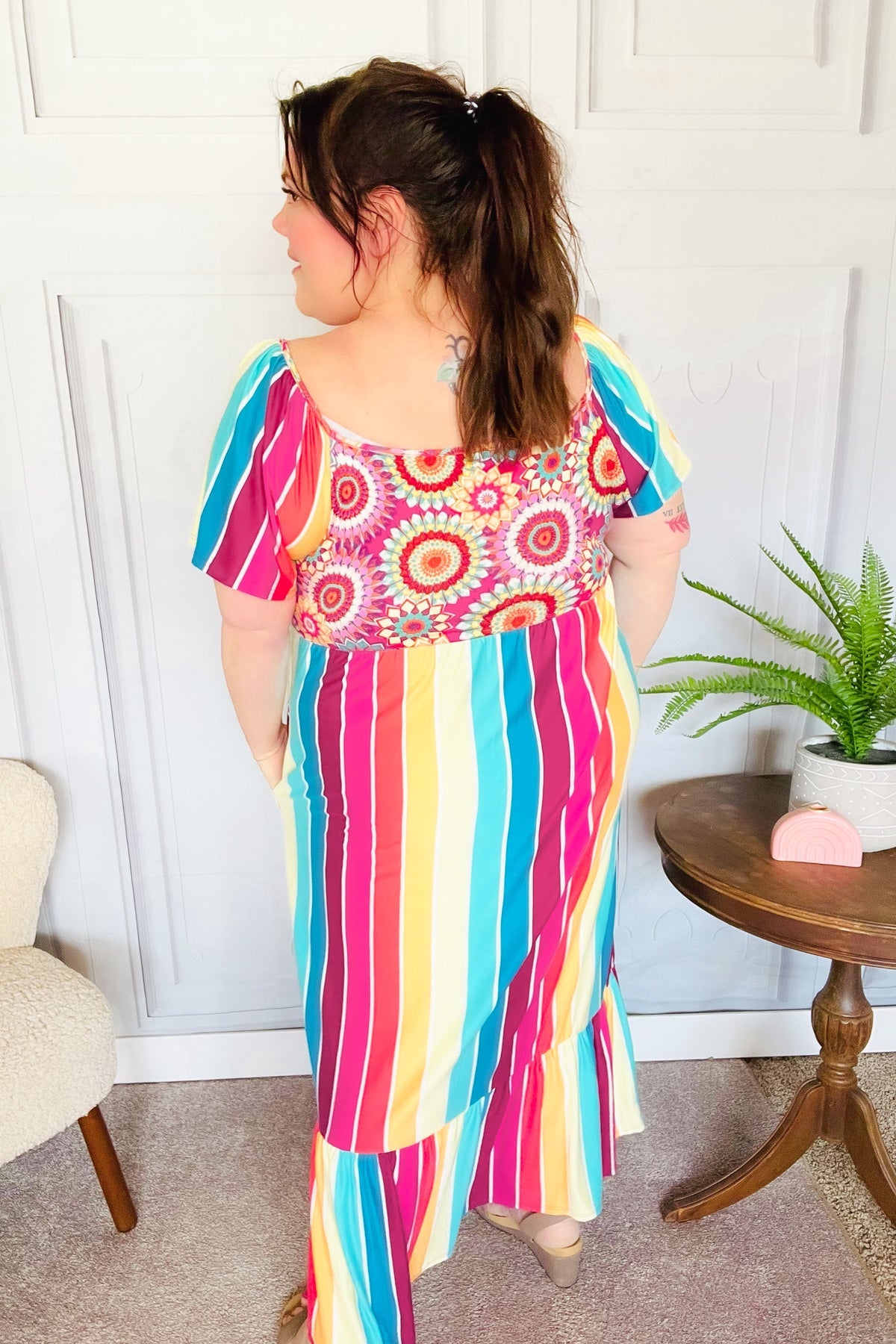 Feeling Bold Fuchsia & Teal Striped Medallion Crochet Print Dress - Charming Charlie
