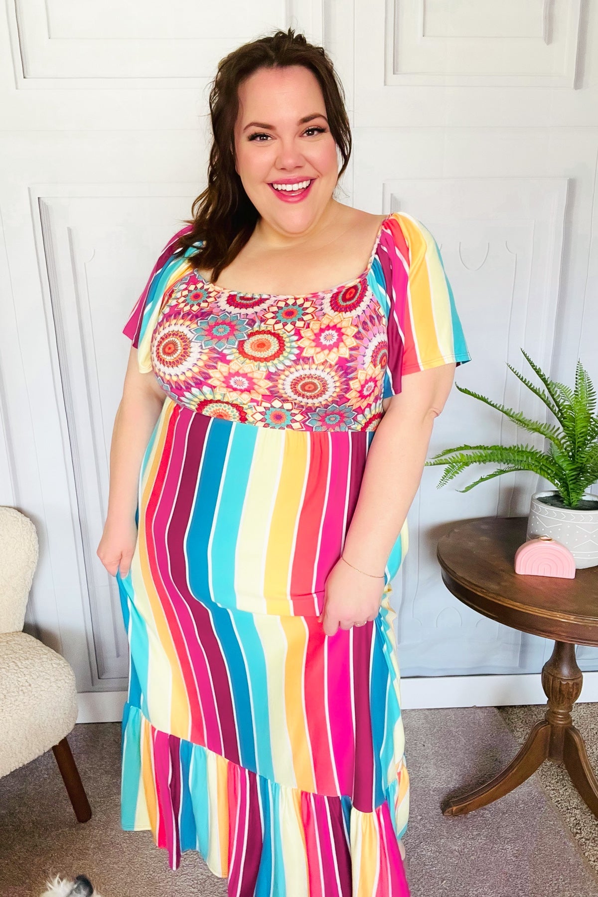 Feeling Bold Fuchsia & Teal Striped Medallion Crochet Print Dress - Charming Charlie