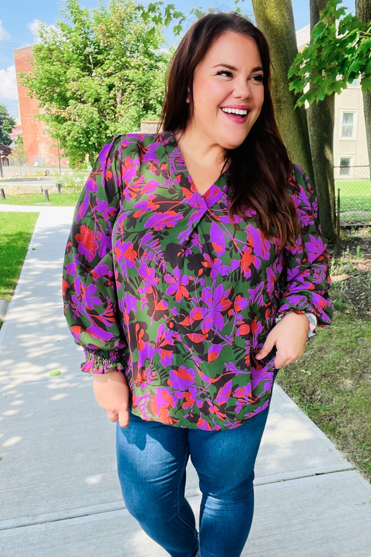 Eyes On You Forest Green Floral Smocked Bubble Sleeve V Neck Top - Charming Charlie