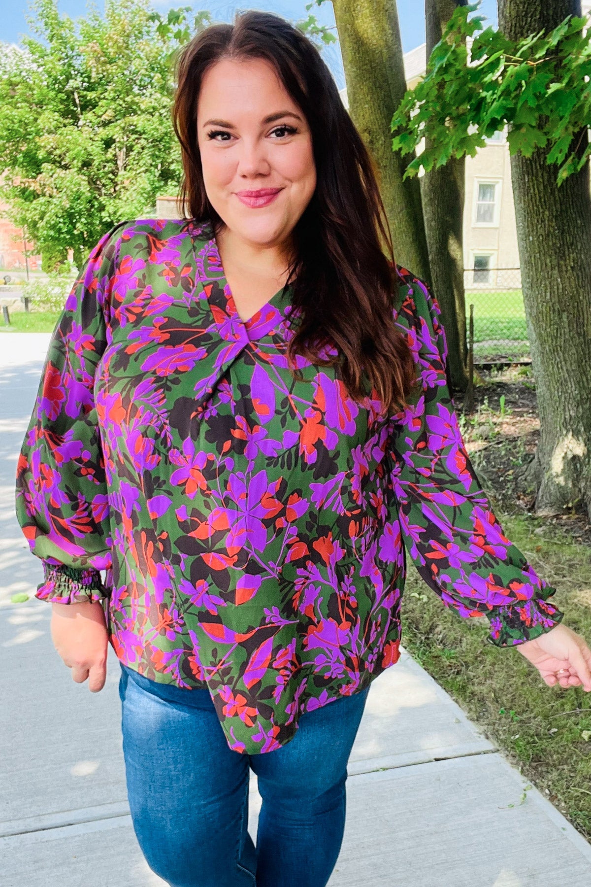 Eyes On You Forest Green Floral Smocked Bubble Sleeve V Neck Top - Charming Charlie