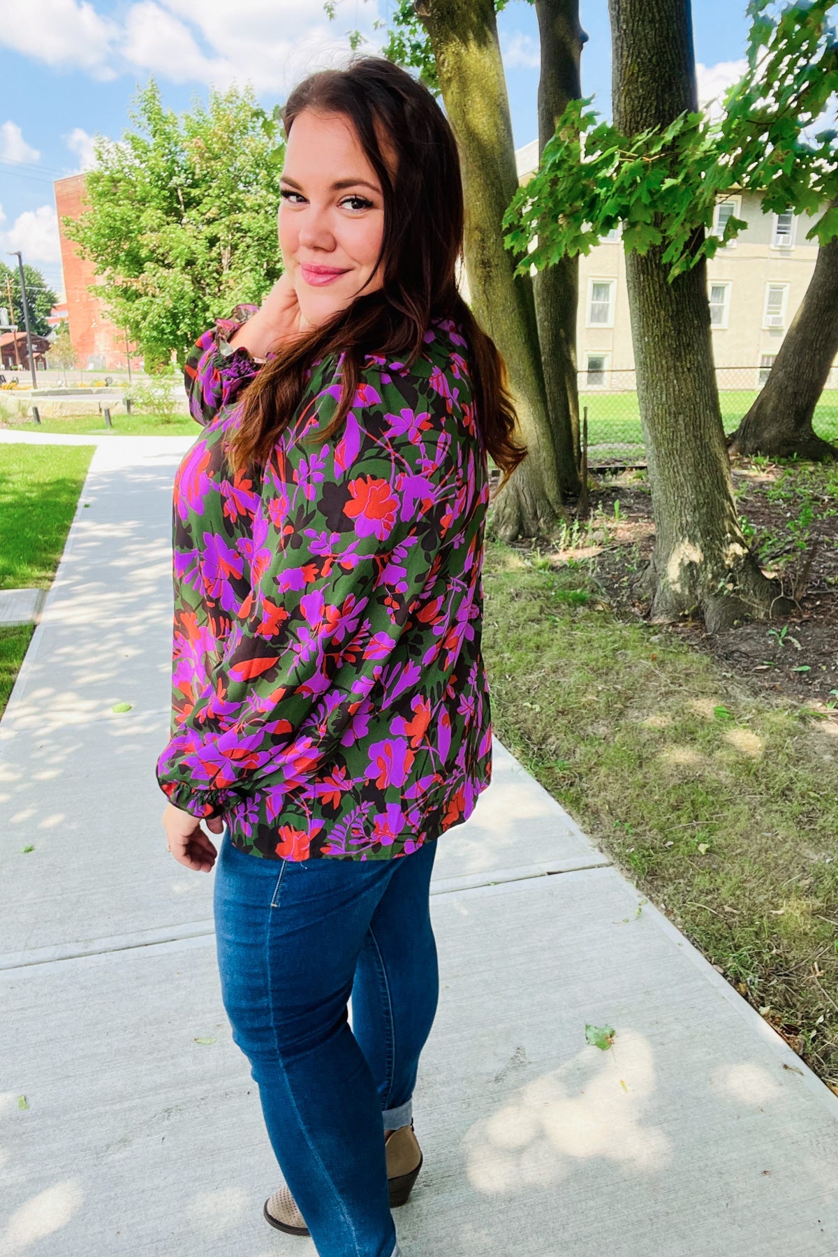 Eyes On You Forest Green Floral Smocked Bubble Sleeve V Neck Top - Charming Charlie