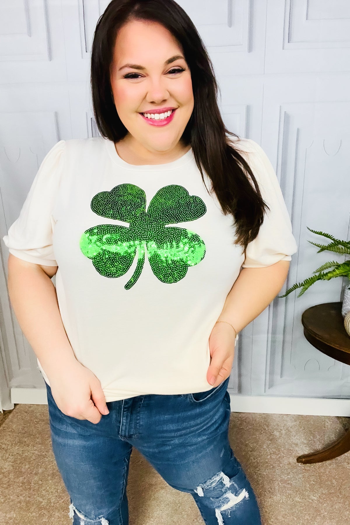 Saint Patty Sequin Clover French Terry Puff Sleeve Top - Charming Charlie