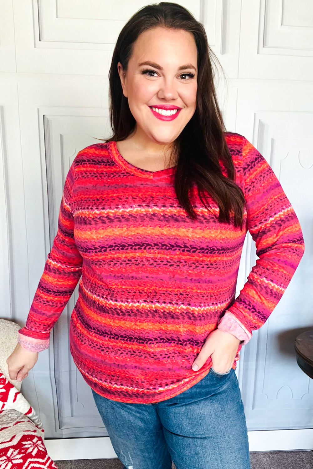 Be Bold Flame & Magenta Striped Cable Knit Print Hacci Top - Charming Charlie