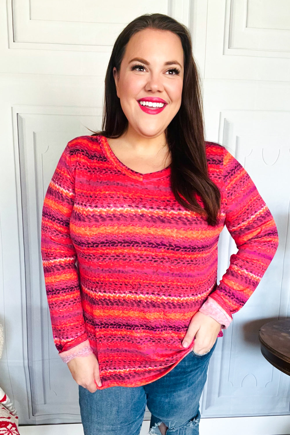 Be Bold Flame & Magenta Striped Cable Knit Print Hacci Top - Charming Charlie
