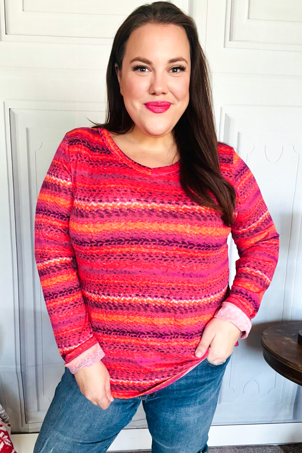 Be Bold Flame & Magenta Striped Cable Knit Print Hacci Top - Charming Charlie