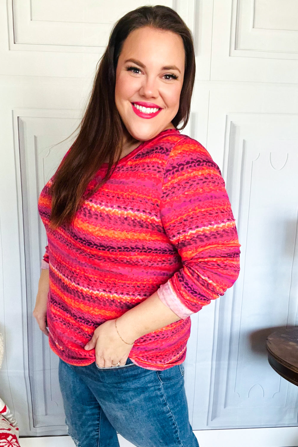 Be Bold Flame & Magenta Striped Cable Knit Print Hacci Top - Charming Charlie