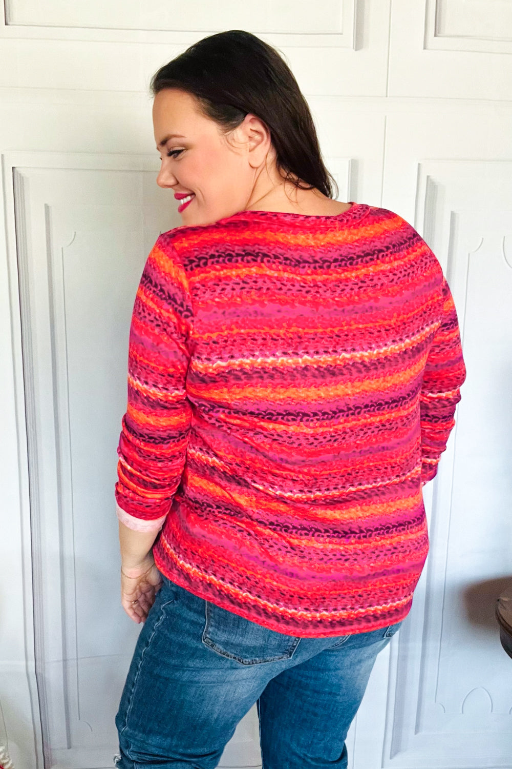 Be Bold Flame & Magenta Striped Cable Knit Print Hacci Top - Charming Charlie