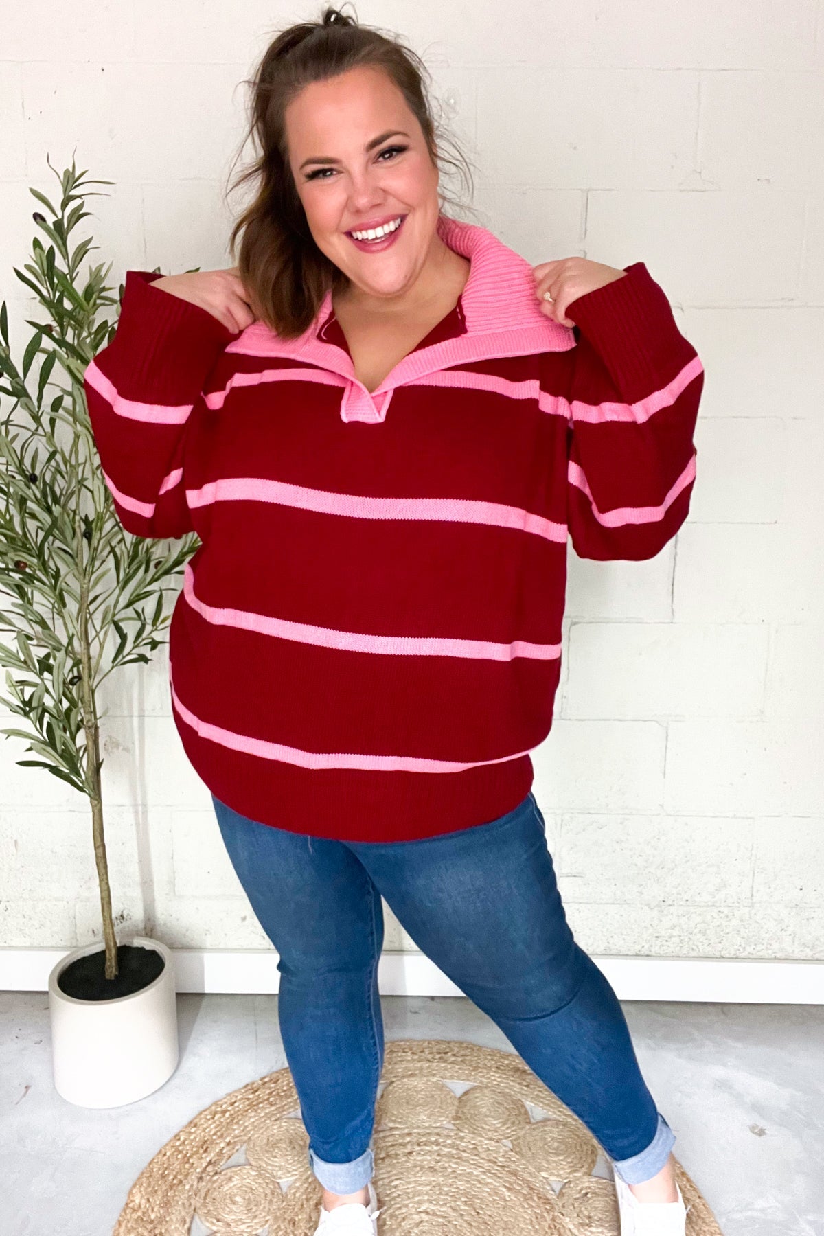 Fall For You Crimson Stripe Notched Neck Collared Oversized Sweater - Charming Charlie