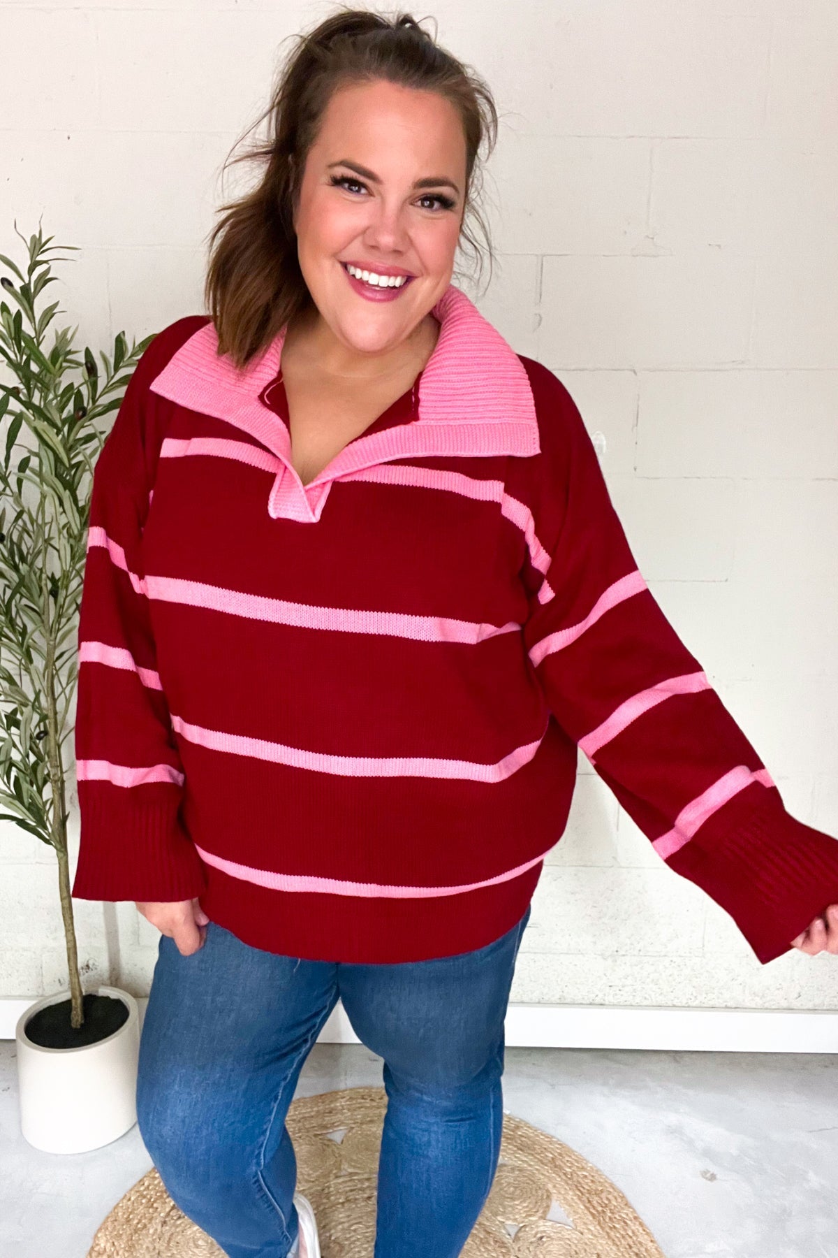 Fall For You Crimson Stripe Notched Neck Collared Oversized Sweater - Charming Charlie