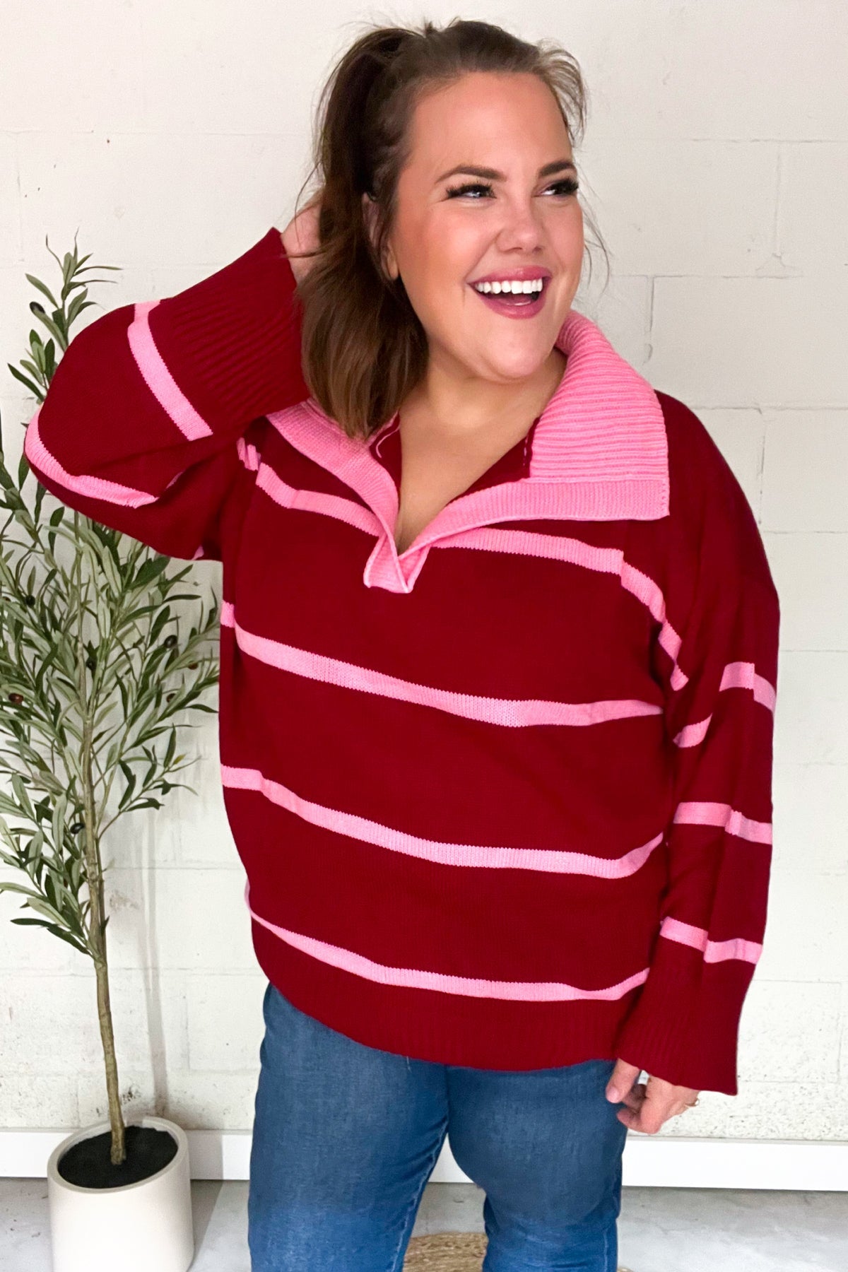 Fall For You Crimson Stripe Notched Neck Collared Oversized Sweater - Charming Charlie