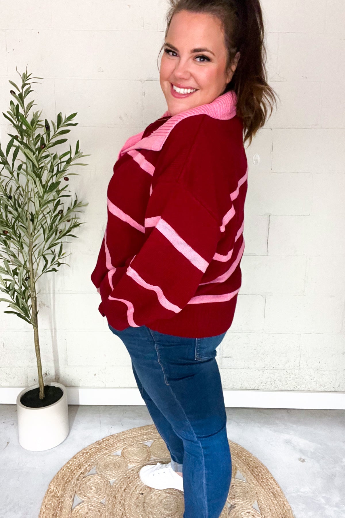 Fall For You Crimson Stripe Notched Neck Collared Oversized Sweater - Charming Charlie