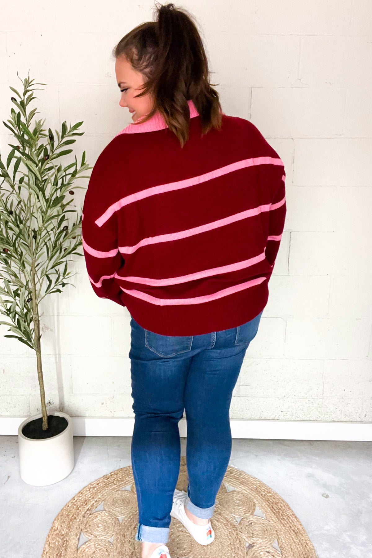 Fall For You Crimson Stripe Notched Neck Collared Oversized Sweater - Charming Charlie