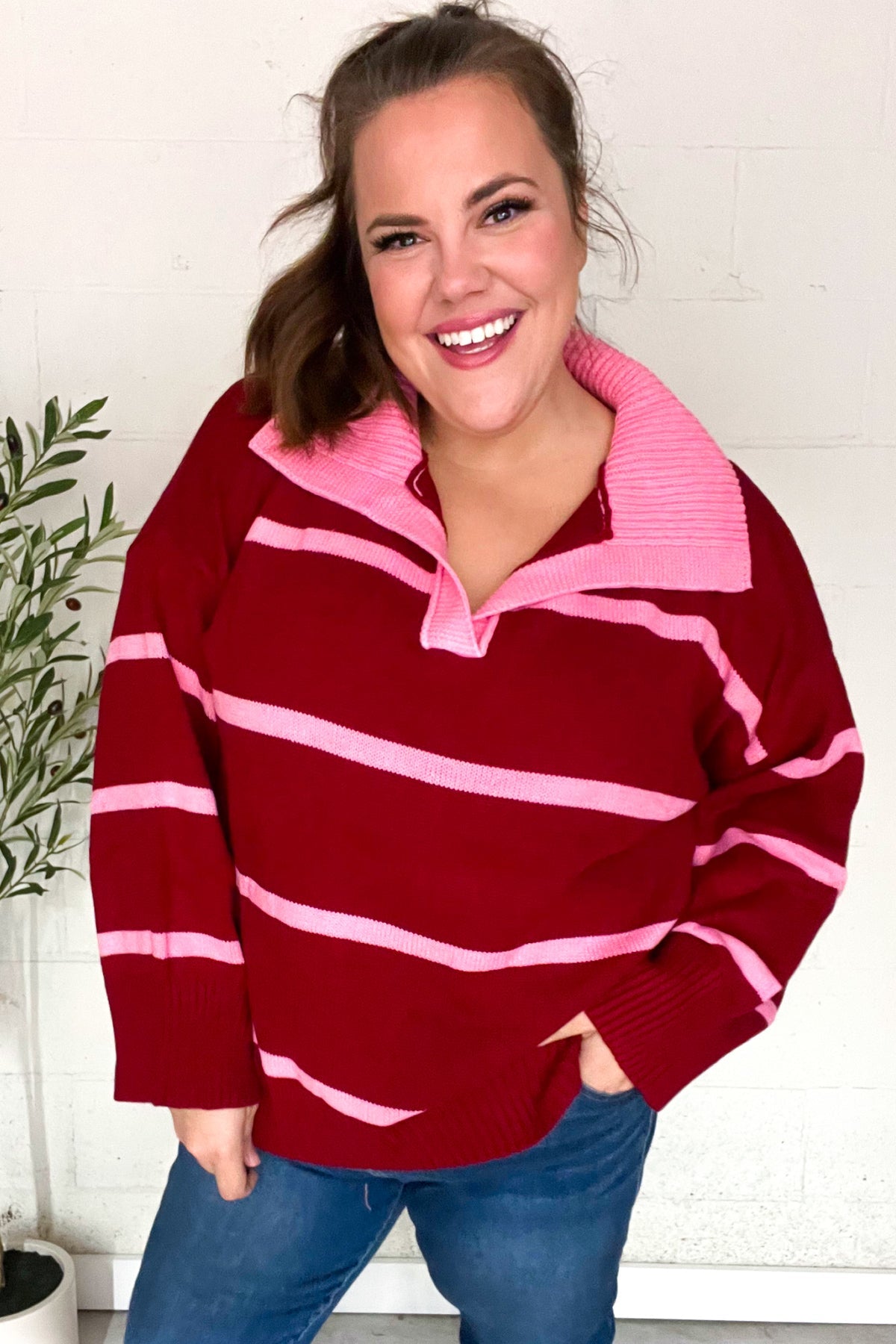 Fall For You Crimson Stripe Notched Neck Collared Oversized Sweater - Charming Charlie
