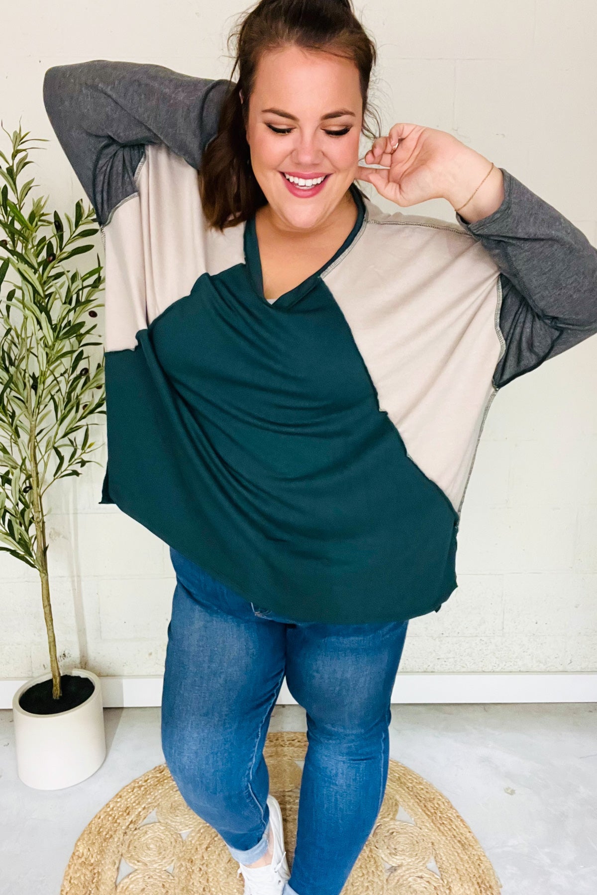 Stand Out Hunter Green V Neck Raglan Color Block Outseam Top - Charming Charlie