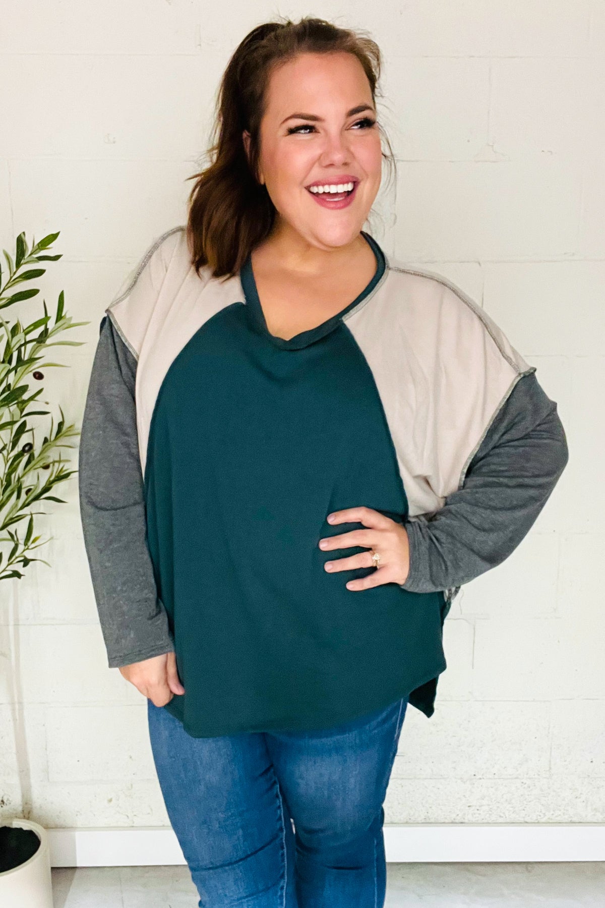 Stand Out Hunter Green V Neck Raglan Color Block Outseam Top - Charming Charlie
