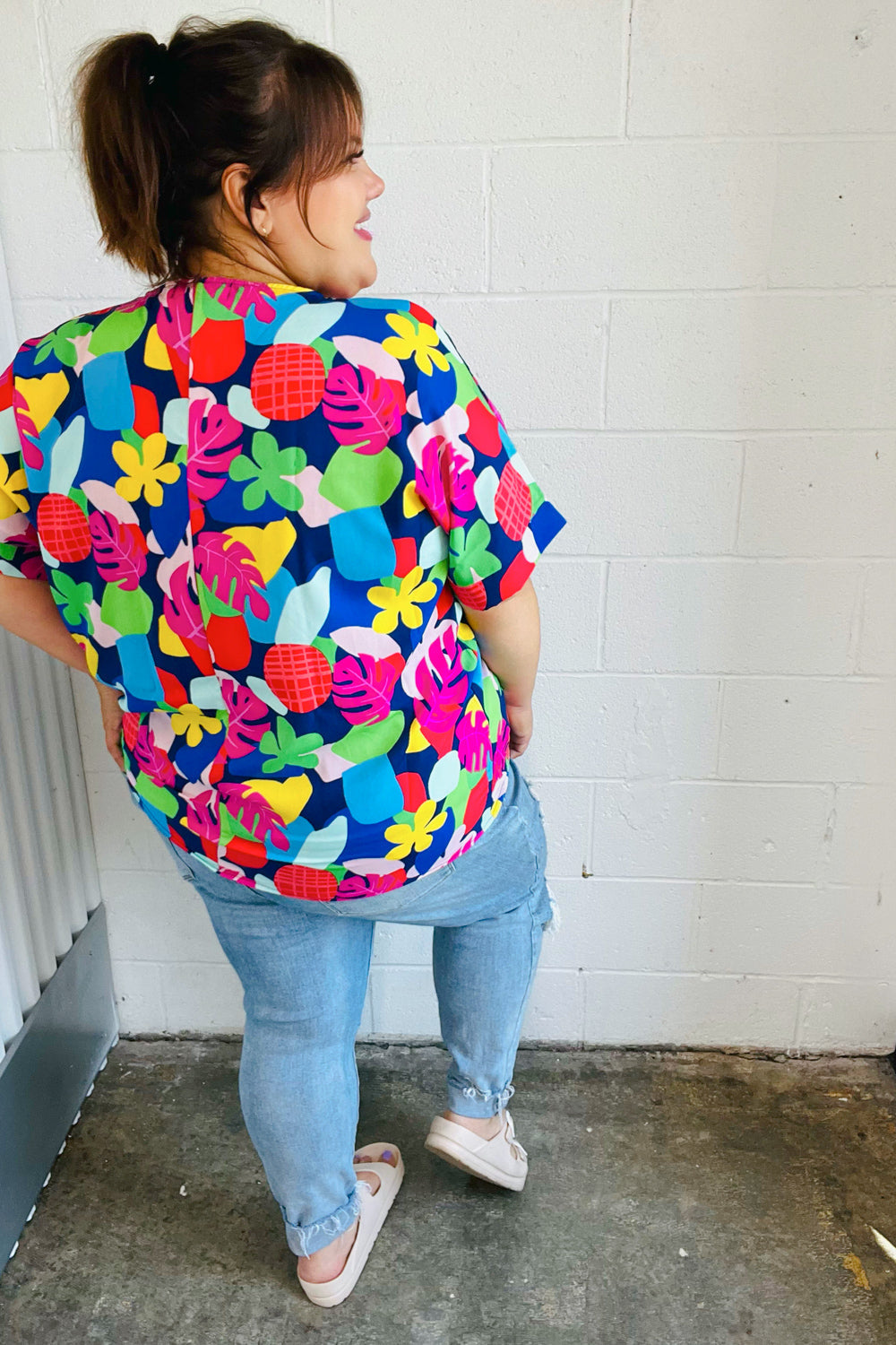 Time For Sun Navy Multicolor Tropical Print V Neck Top - Charming Charlie